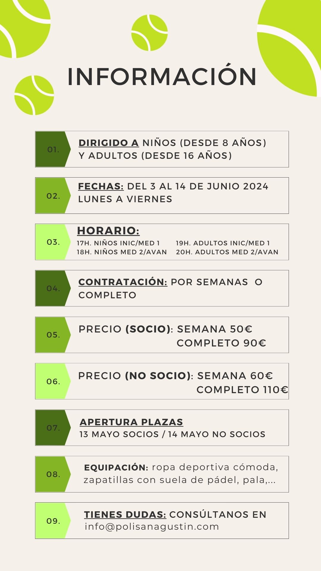 Actividad de INTENSIVOS PÁDEL, para SOCIOS Y USUARIOS del Polideportivo San Agustn Zaragoza